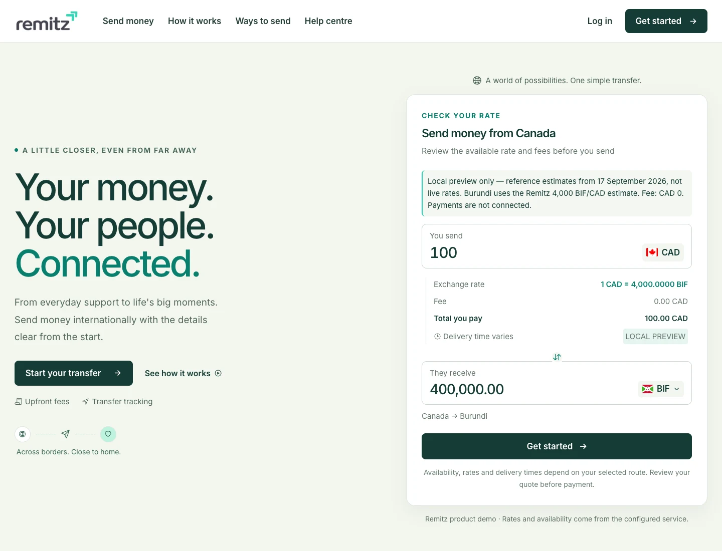 Remitz demo customer website with a Canada-to-Burundi reference-rate calculator