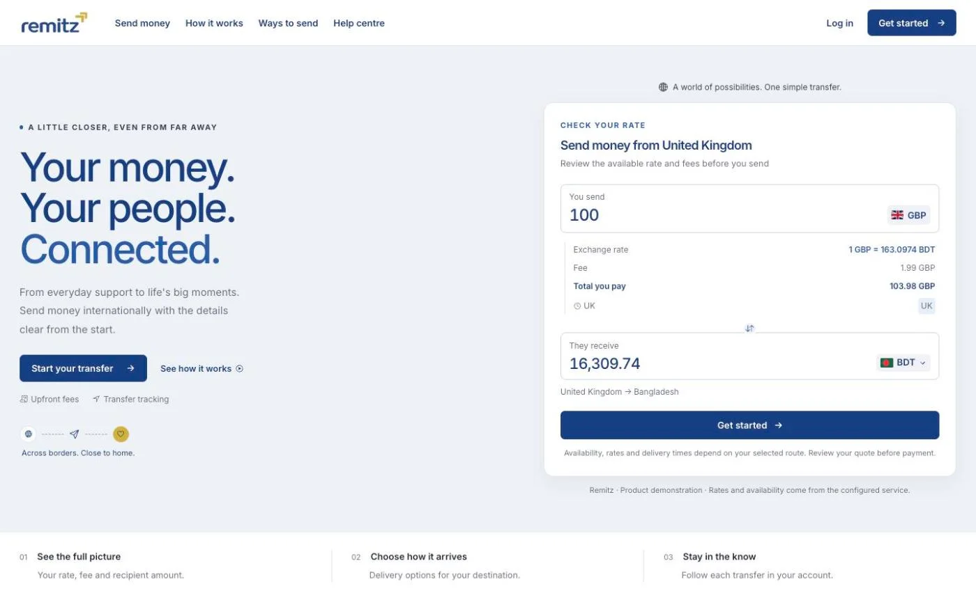 Remitz demo customer website with a UK-to-Bangladesh rate calculator