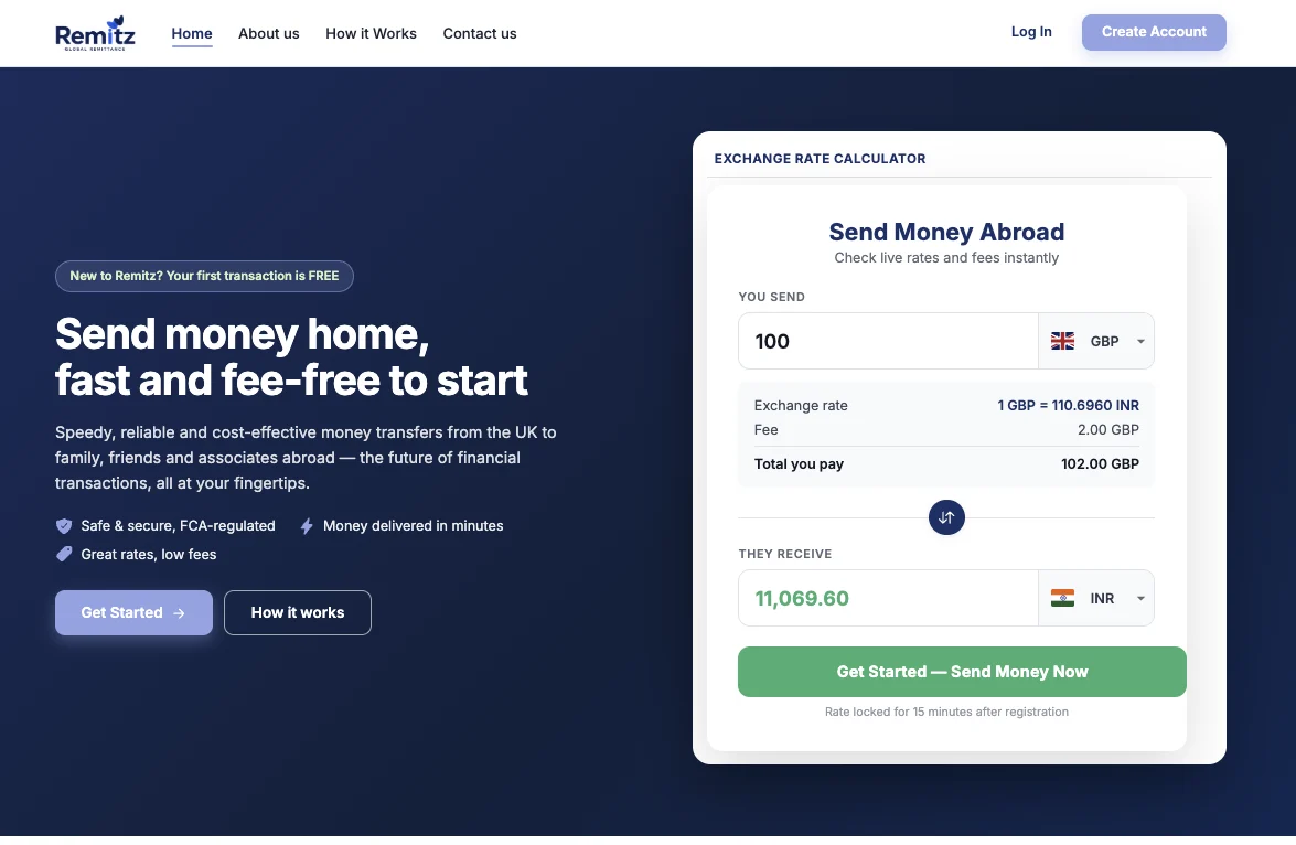 Customer-facing remittance website with a live exchange rate calculator showing GBP to INR
