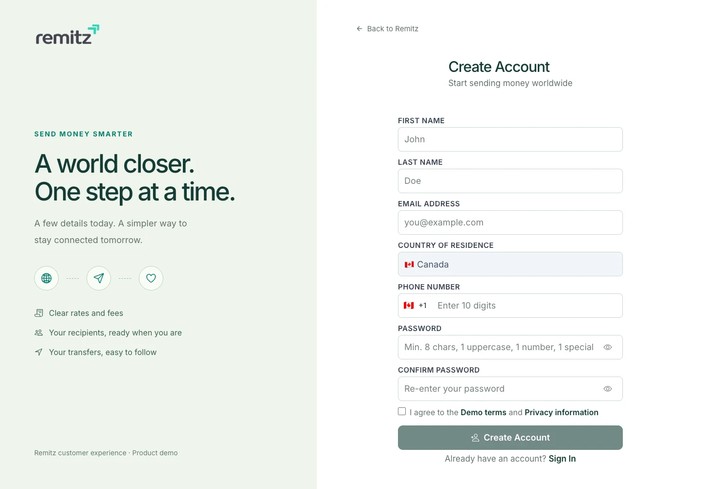 Account creation screen on a white-label remittance platform