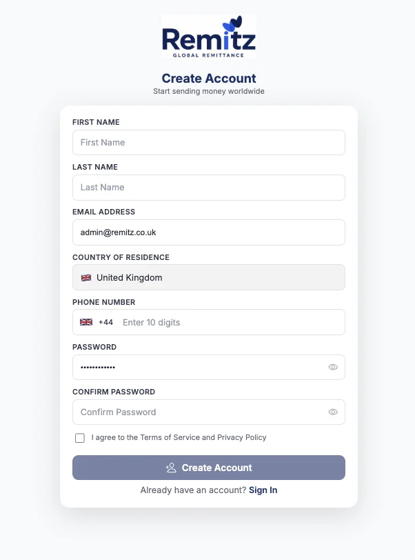 Account creation screen on a white-label remittance platform
