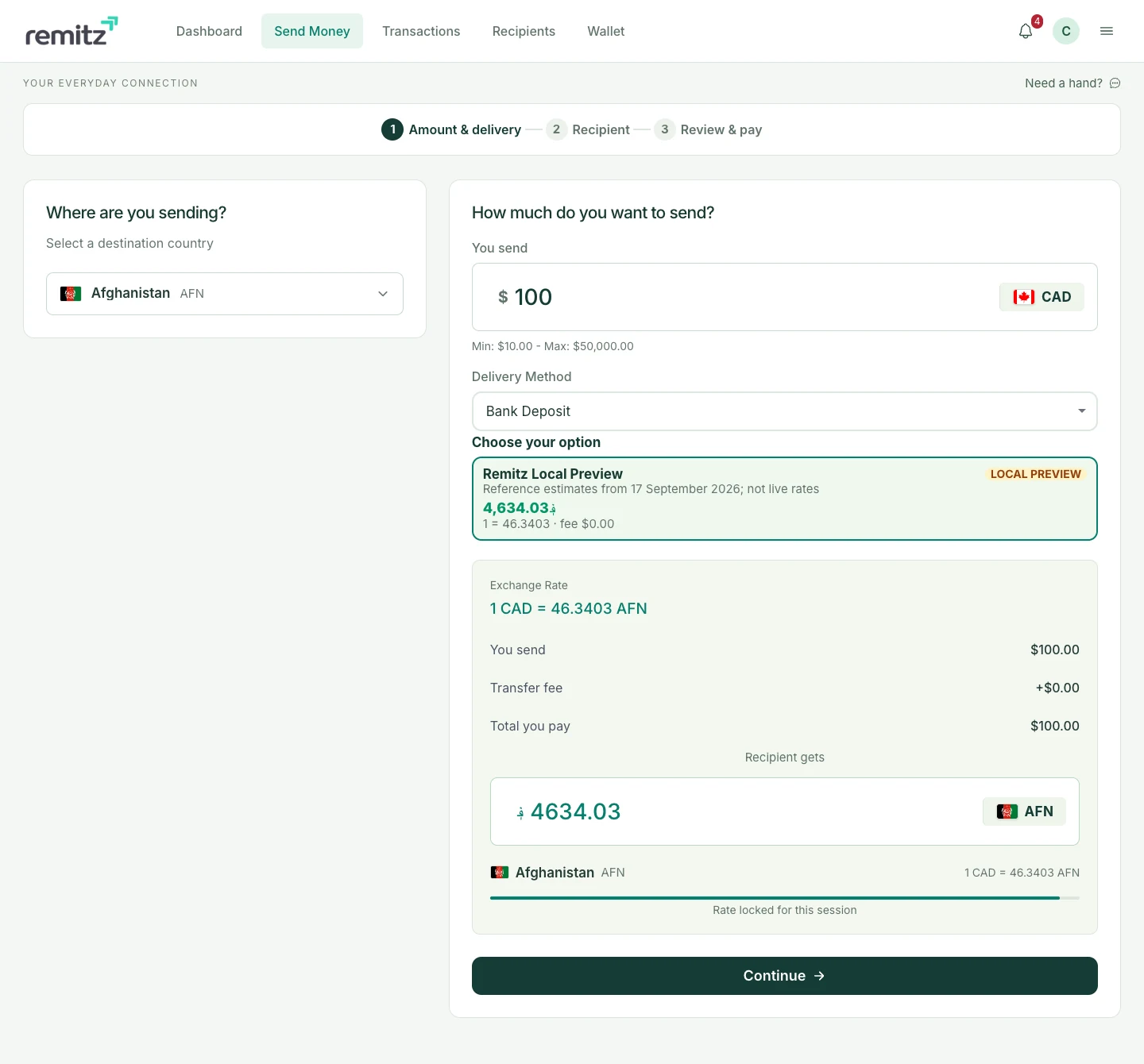 Send money screen showing destination country selection, amount, exchange rate and recipient amount