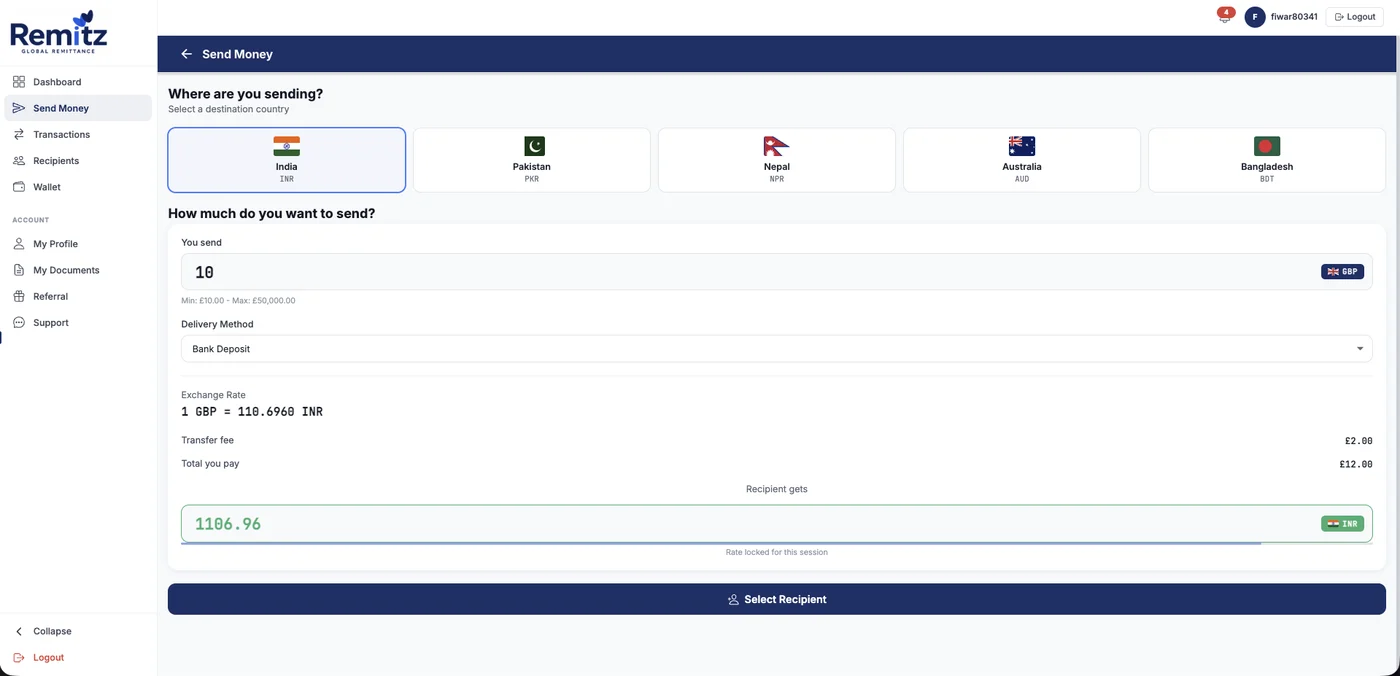 Send money screen showing destination country selection, amount, exchange rate and recipient amount