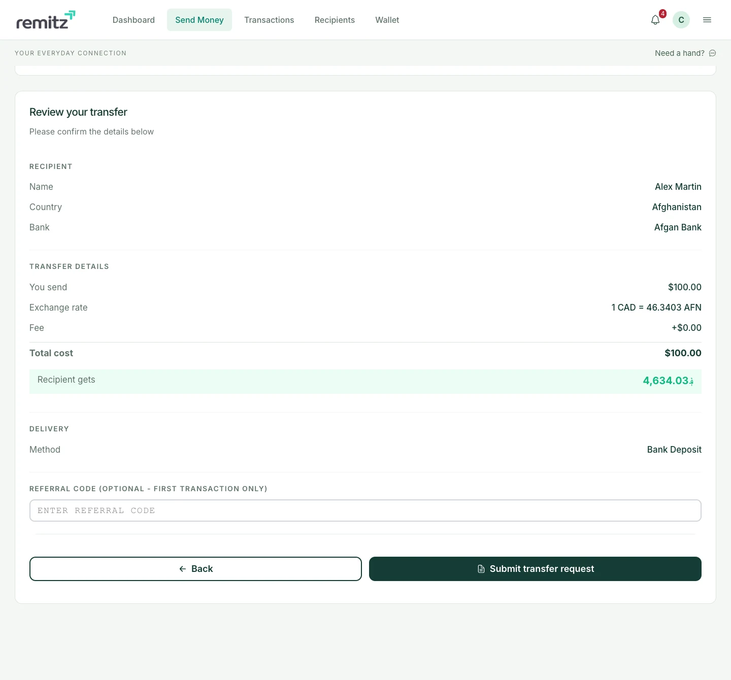 Remitz transfer review showing recipient details, exchange rate, fee, total cost and a submit-request button