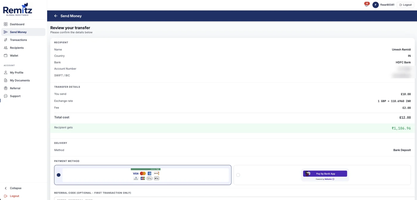 Transfer review screen showing exchange rate, fee, total cost, recipient amount and payment method options