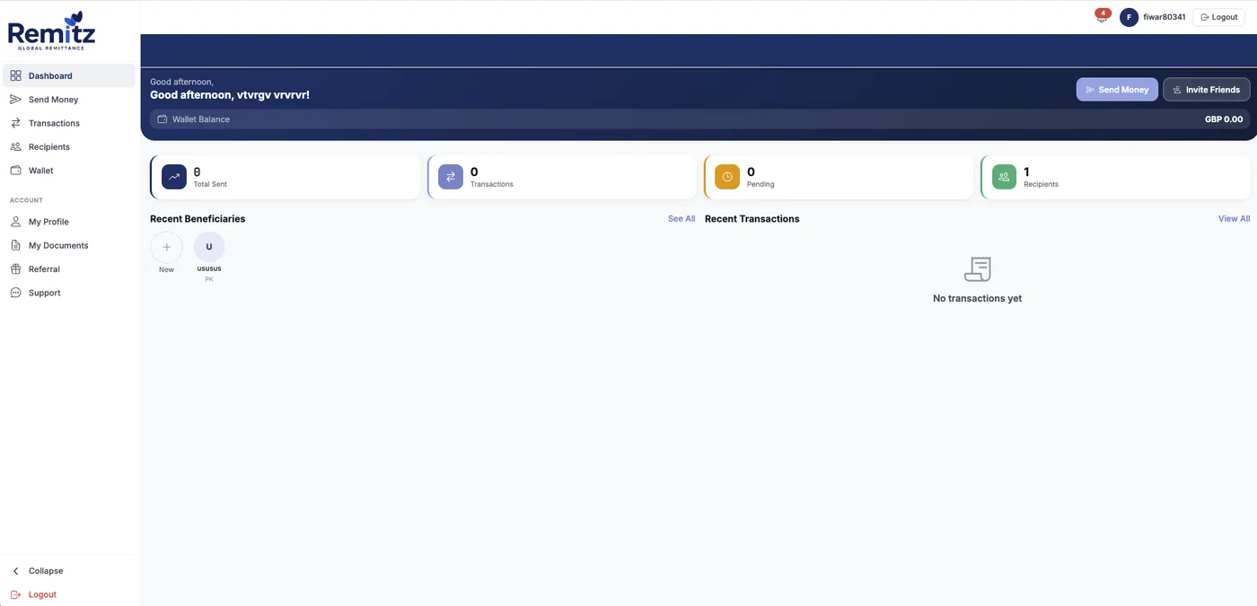 Customer dashboard showing wallet balance, transaction totals, recent beneficiaries and transaction history